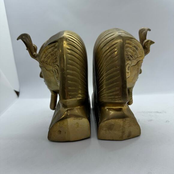 Vintage Solid Brass Egyptian Bookends Pharaoh Tutankhamun Pair Egypt Heavy - Picture 2 of 5
